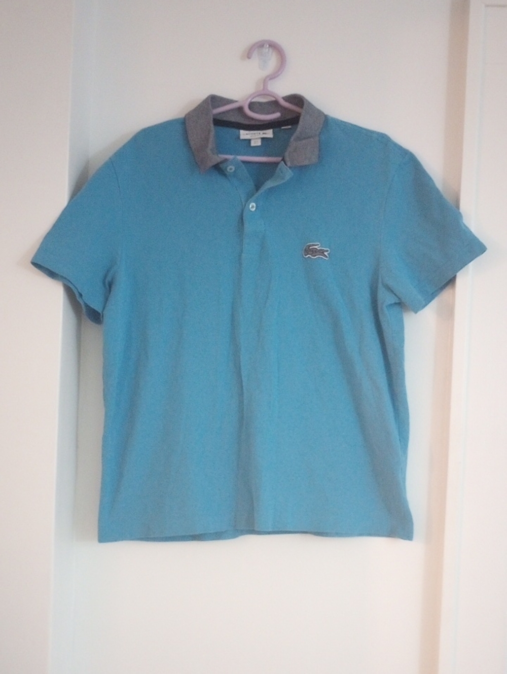 Lacoste 100% Cotton Blue Polo Top with Gray Contrast Collar Size Large